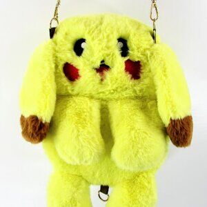 Pokemon Pikachu Furry Plush Backpack Purse Gold Color Chain Zipper 14"